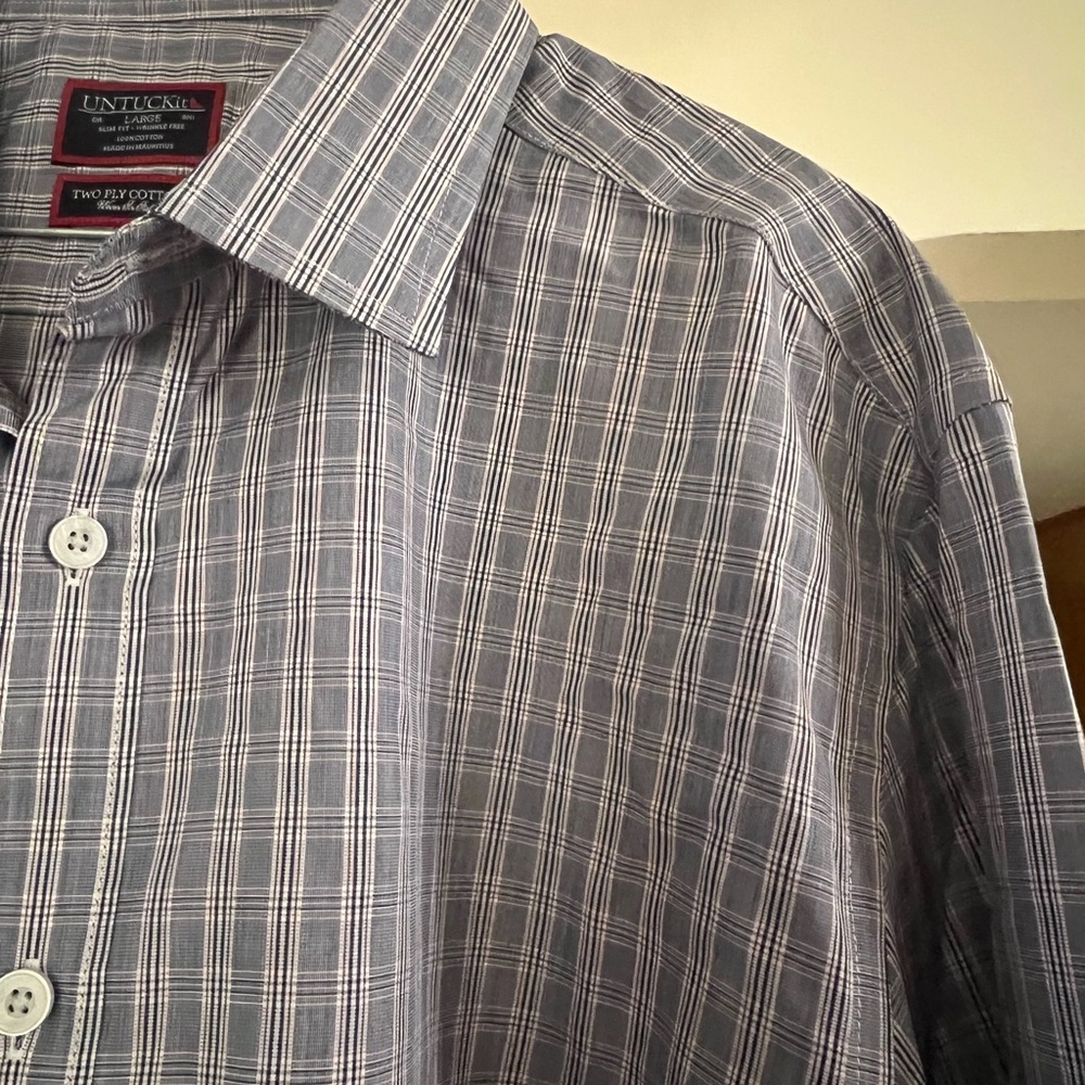 Untuckit Men’s Shirt L Blue Red Plaid Check Two Ply Cotton
